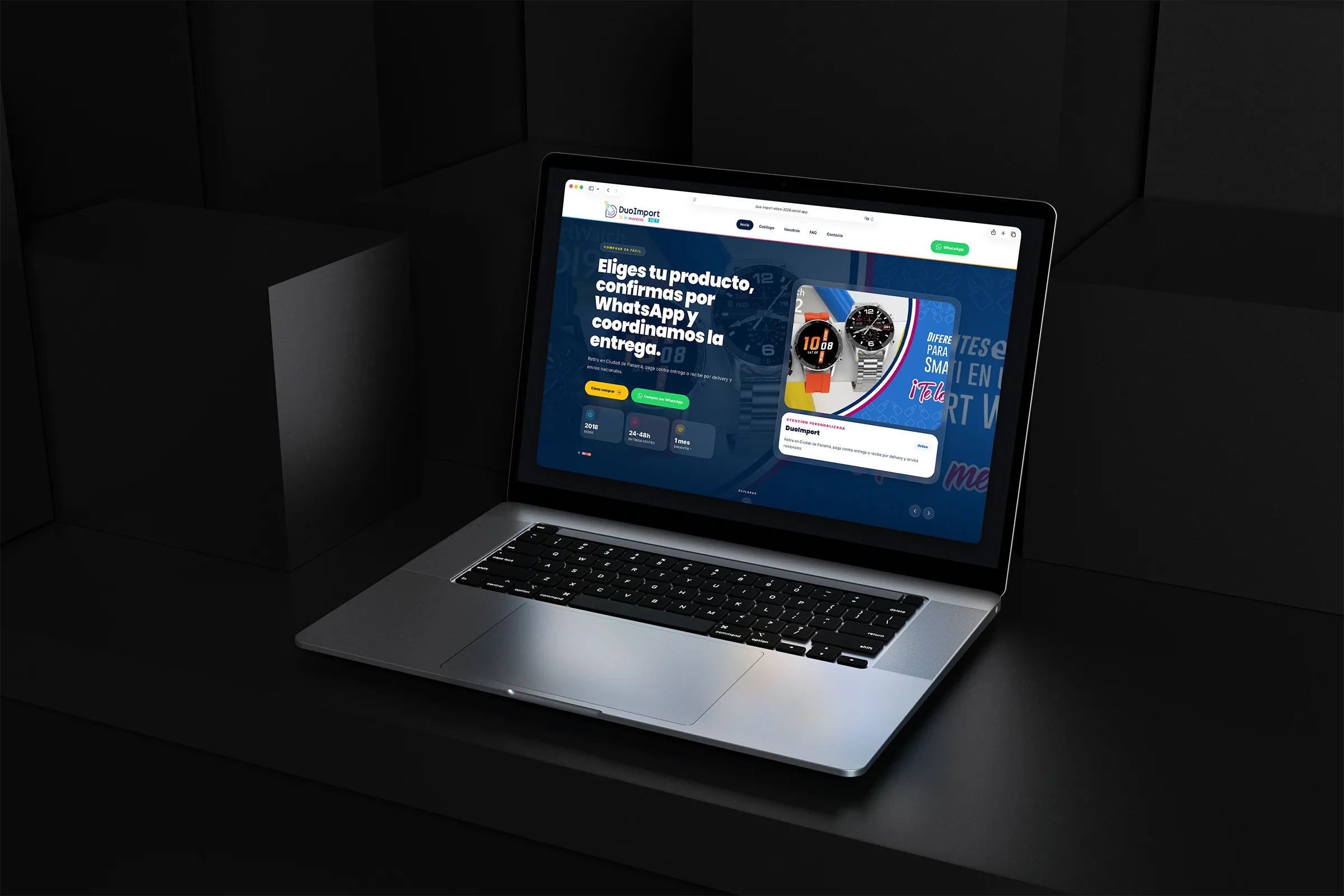 Duo Import product catalog website displayed on a laptop in a dark geometric setting.