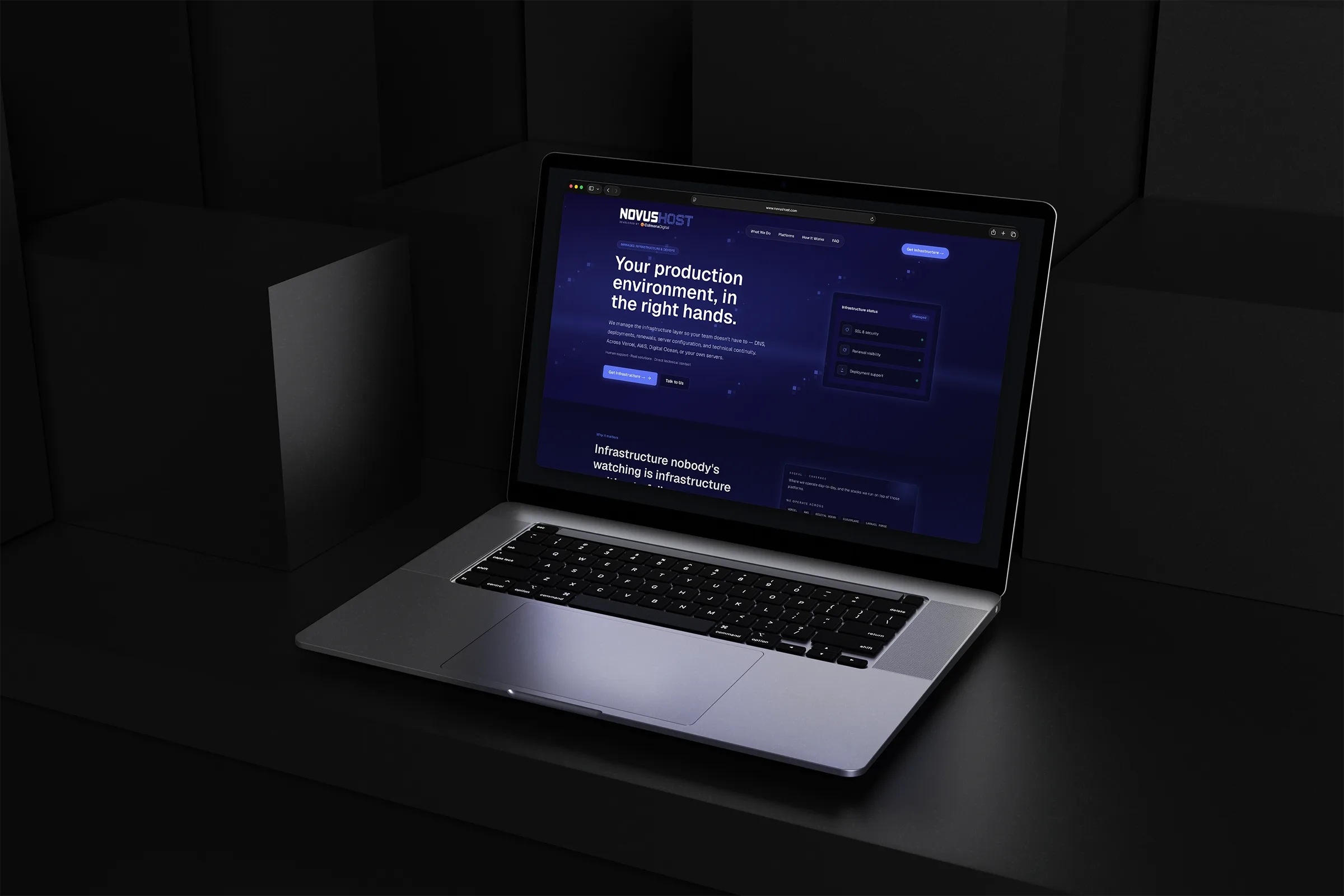NovusHost infrastructure website displayed on a laptop in a dark geometric setting.